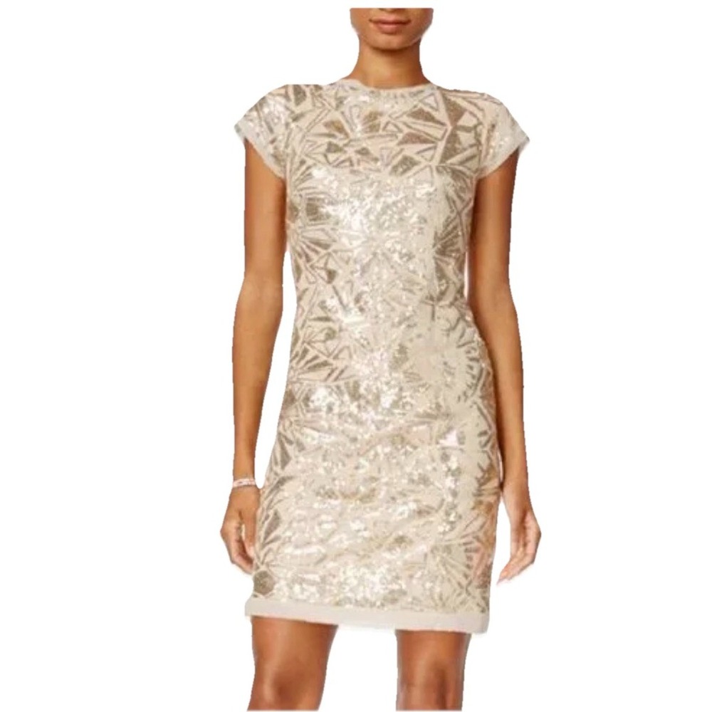 Vince Camuto 2016 Gold Sequins Short Sleeve Shift Dress Small Size 4